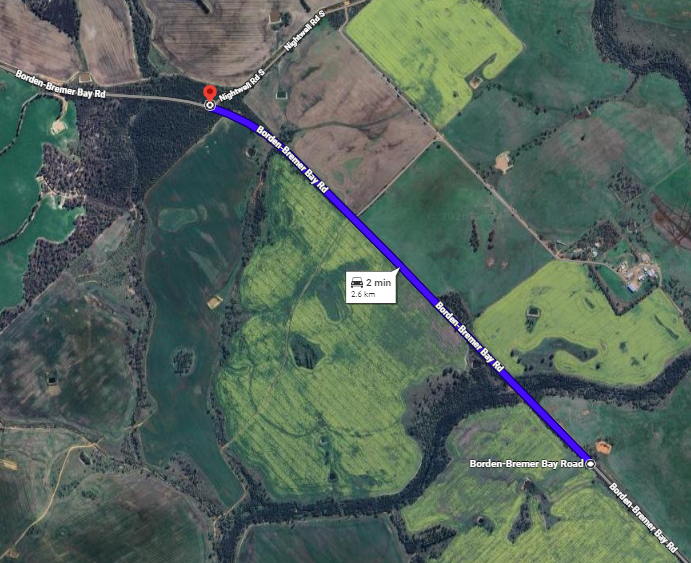 Aerial map showing a section of Borden&ndash;Bremer Bay Road where works will take place, from Nightwell road south heading south-east for 2.6 kilometres 