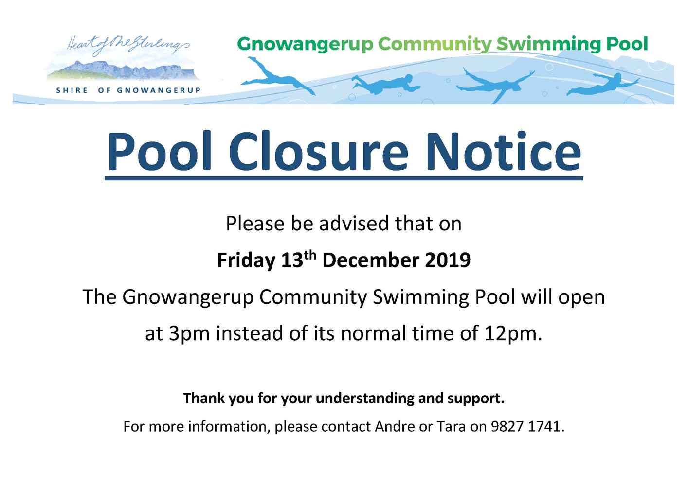 News Story Pool Closure Notice 13/12/19 » Shire of Gnowangerup