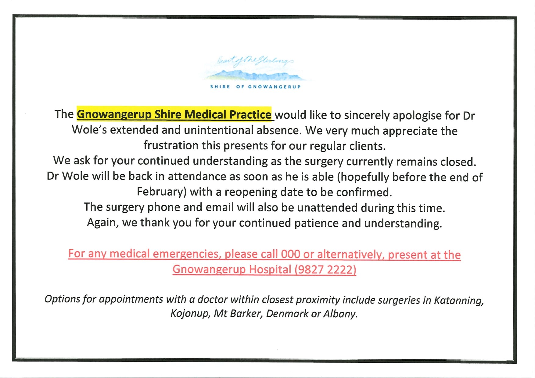 Gnowangerup Shire Medical Practice Closure